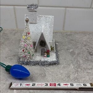 Festive White Holiday Miniature Gitter Putz House Ornament. Hand made 4”x5”x4”